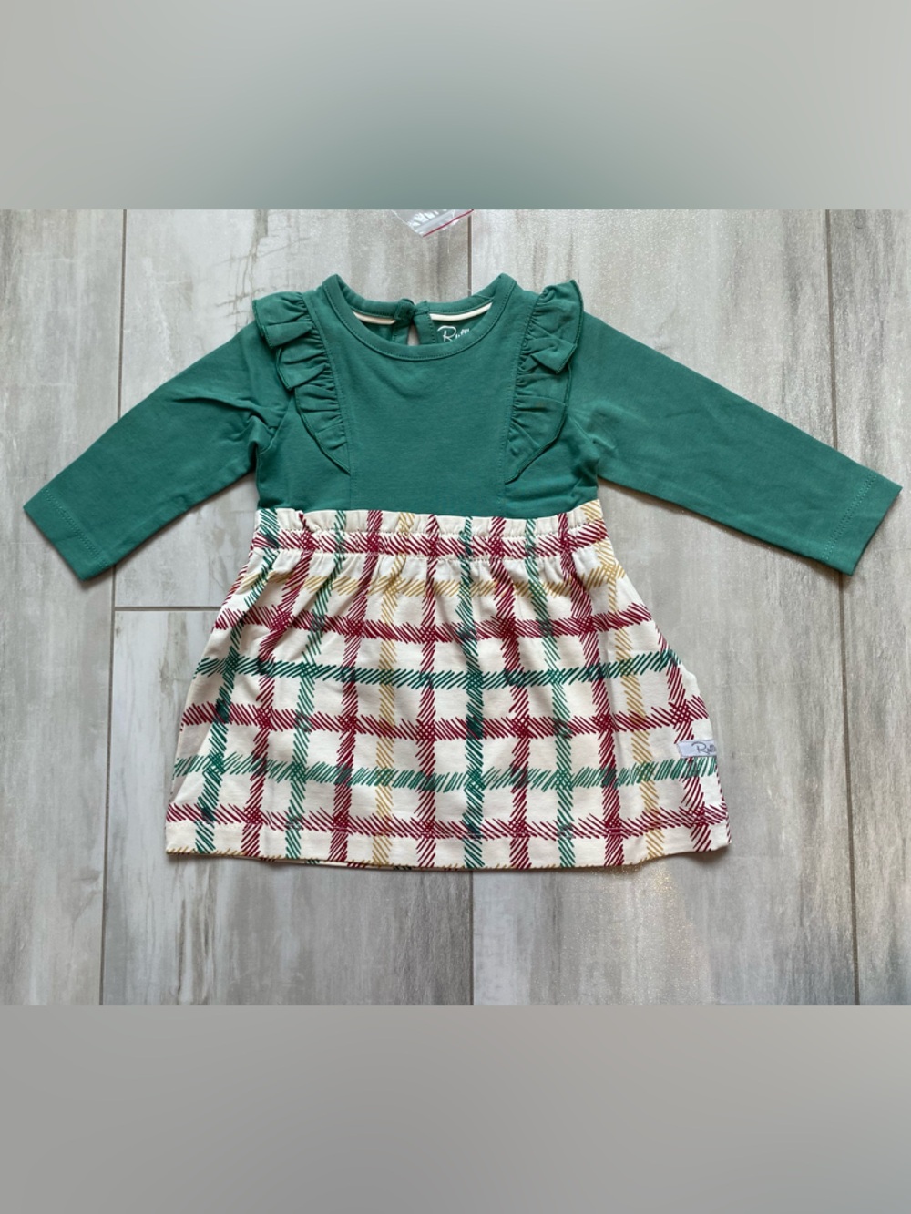 NWT RuffleButts Spruce & Tinsel Checked Plaid Printed Waterfall Dress girls 3-6M